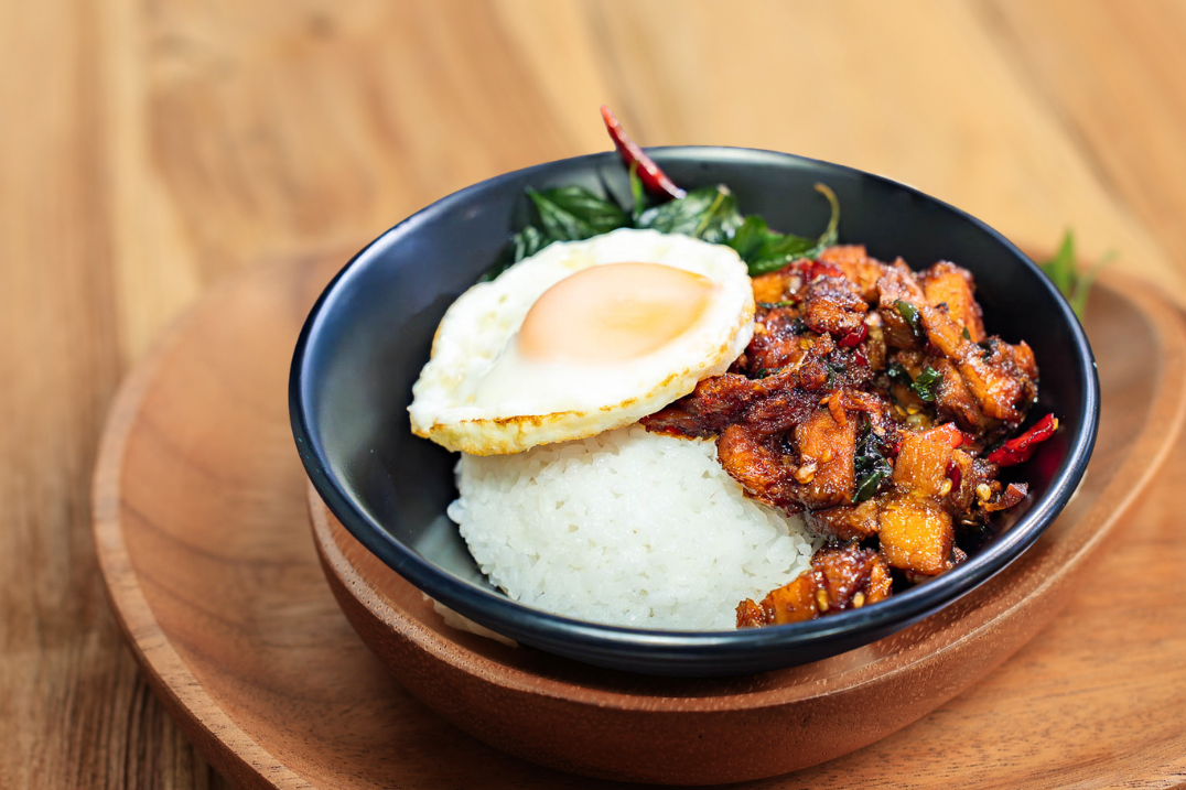 Vegan Gong Bao Rice Bowl packed with Asian greens