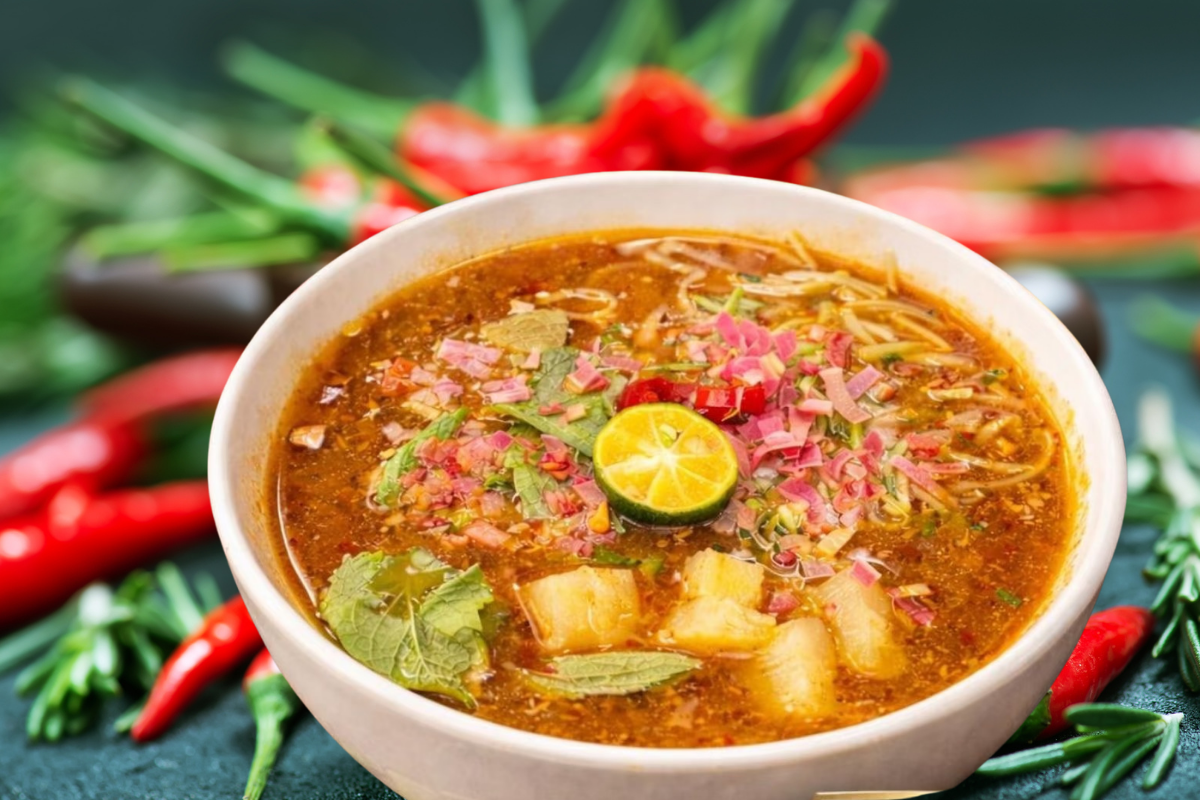 A steaming bowl of Vegan Penang Assam Laksa with thick noodles in a fragrant, tangy tamarind herbal broth